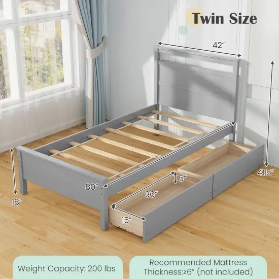 Wooden Twin Bed Frame with Storage Drawers Chic Headboard and Footboard Grey {4}