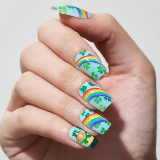 Green Press on Nail Medium Square, Fall Lucky Clover Fake Nail Short with Four Leaf Design for St.Patrick Day, Glitter Gloss Gel Glue on Nail Kit, Rainbow Acrylic Stick on False Nail {2}