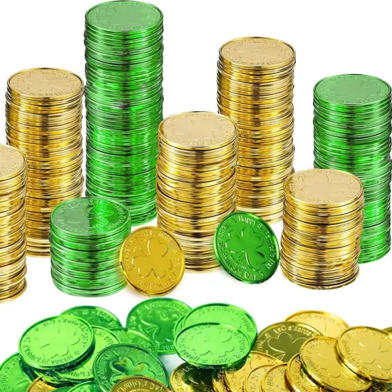 St. Patrick's Day Gold Coins, 120 Pieces Gold Green Lucky Coins Plastic Shamrock Leprechaun Coins, 3-Leaf Clover Coin Table Scatter Decoration for St. Patrick's Day Party Favors {1}