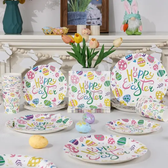 Easter Party Decorations Set for 24-Disposable Paper Plates and Napkins, Cups Tableware Happy Easter Eggs Bunny Party Supplies Decorations for Easter Party Supplies Table Decor {5}