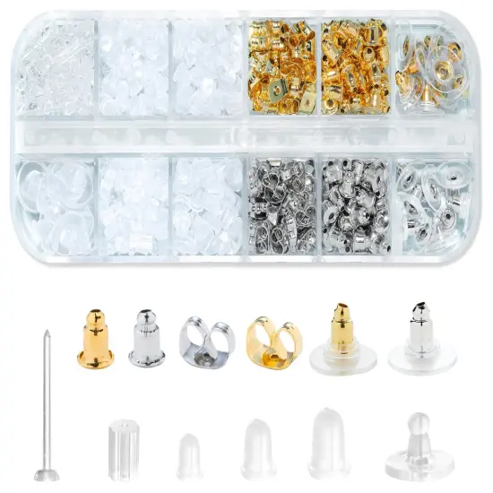 12 Styles 600 Pcs Earring Backs for Studs, Clear Plastic Earrings Hypoallergenic Metal Rubber Silicone Earring Backs Bullet Clutch Stoppers Replacement Kits for Fish Hook Earring Studs Hoops {1}
