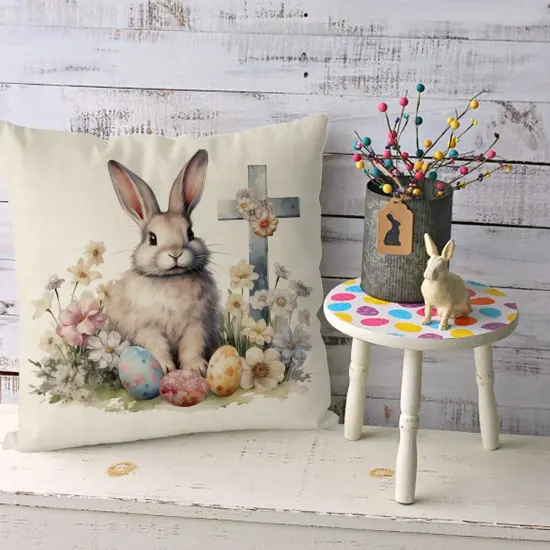 Easter Pillow Covers 18x18 Inch Bunny Eggs Throw Pillowcase Cross Floral Home Sofa Bedroom Cushion Case {3}