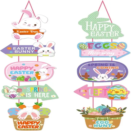 Easter Rainbow Party-Decorations Front-Porch Door Hanger-Decor - 2pcs Spring Bunny Egg Happy Easter Paper Signs Banners, Home Office Classroom Baby Shower Hanging Garland Supplies Burgleda {1}
