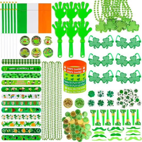 238 PCS St Patricks Day Decorations Set Glasses Bracelets Coins Necklaces Flags Tattoos Brooches Fake Beards Party Blowers Hand Clappers Saint Patricks Day Party Favors Accessories Supplies {1}