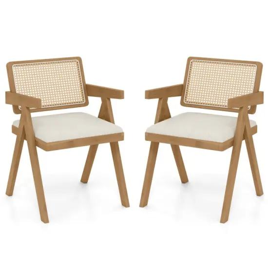Set of 2 Rattan Accent Chairs with Padded Cushion & Rubber Wood Frame for Living Room Beige {7}