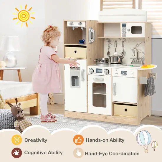 Kids Kitchen Playset with Adjustable LED Lights Removable Fabric Bins-White {5}