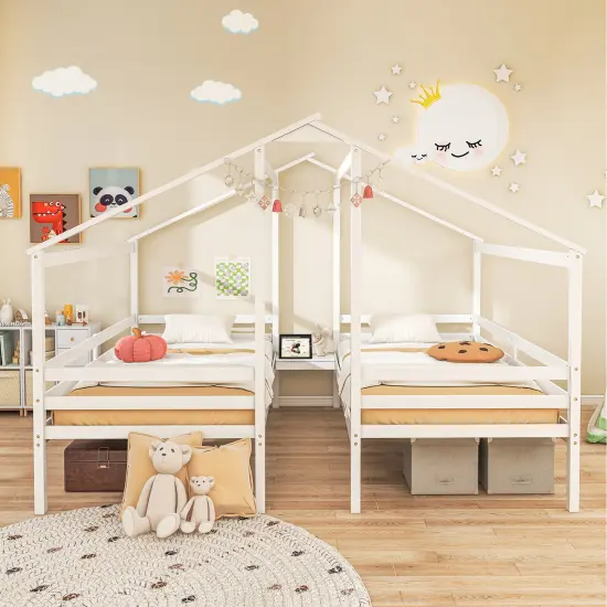 Double Twin Size Wooden Bed Frames with Built-in Table for Kids-White {2}