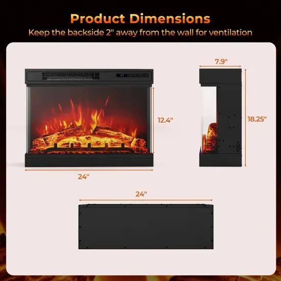 Black 24 Inches 3-Sided Glass Electric Fireplace Heater with Remote Control {5}