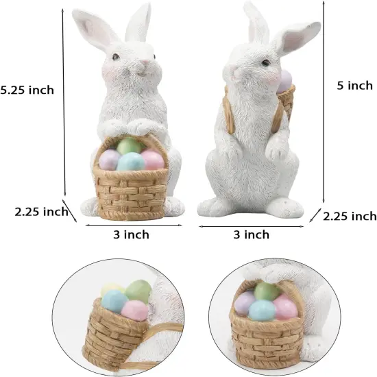 Easter-Basket Bunny-Decor-Figurines Home-Decorations - 2PC Easter Decorations Table Ornaments Resin Spring Bunny Carry Egg Basket Tabletop Decorations for Home Farmhouse 5.25H inch Newman House Studio {3}
