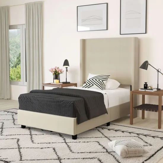 Merrick Lane Bramlett Modern Platform Bed - Gray Faux Linen - Queen - Padded Wingback Headboard - 6" Floor Clearance - Wood Support Slats - No Box Spring Needed {1}