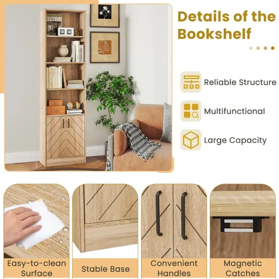 Oak Engineered Wood Bookcase with Vertical Strip Design Adjustable Shelf Double-Door Cabinet and Open Storage {6}