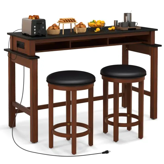 3-Piece Home Bar Set with 2 Upholstered Bar Stools Outlets and USB Ports Black {4}