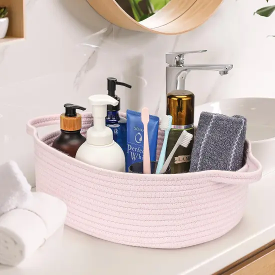 Small Woven Cotton Rope Basket Cute Baby Gift Baskets Empty Decorative Storage Basket for Organizing Shelves Closet Baby Nursery Basket Bin Toy Storage Basket Organizer 13.7"x10.2"x5" Pink {2}