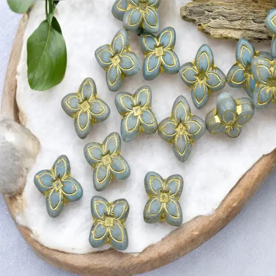 *10* 17mm Bronze Washed Matte Sky Blue 4 Petal Lily Flower Beads {1}