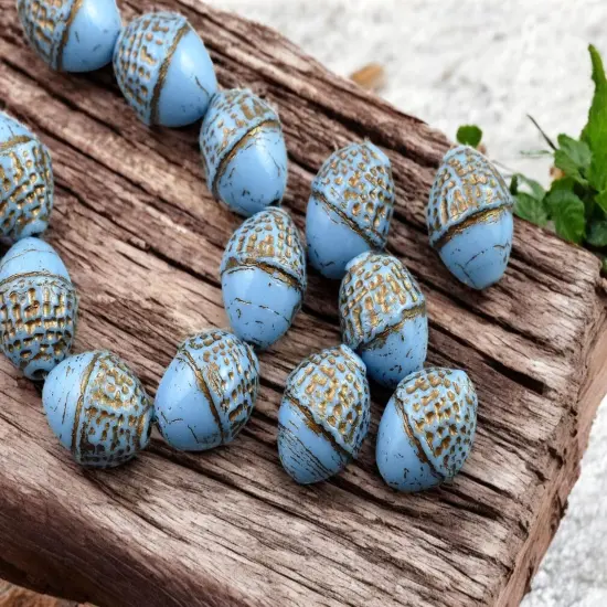 *8* 10x12mm Bronze Washed Opaque Pacific BlueAcorn Oval Beads {4}