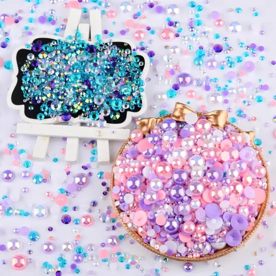 75g Mix Resin Pearls Rhinestones Kit, 3-10mm Half Pearls and 2-6mm Flatback Rhinestones for Nail Art Decoration Shoes Clothes Tumblers Scrapbooking Craft DIY (Purple Pink White) {5}