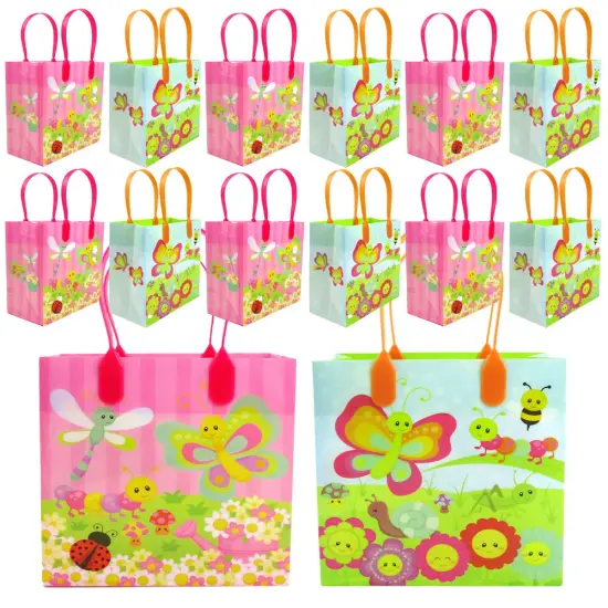 TINYMILLS Spring Butterfly Flower Garden Easter Party Favor Bags Treat Bags Kids Birthday Party Goody Bags with Handles for Boys Girls, 12 Pack {1}