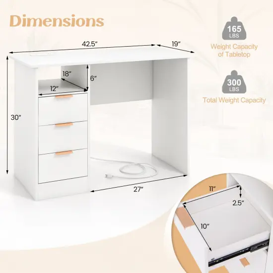 White Home Office Desk with Power Outlet 3 Storage Drawers and Open Compartment {5}