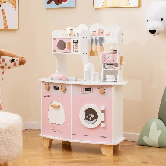 Wooden Kids Kitchen Playset with Coffee Maker for kids-Pink {2}