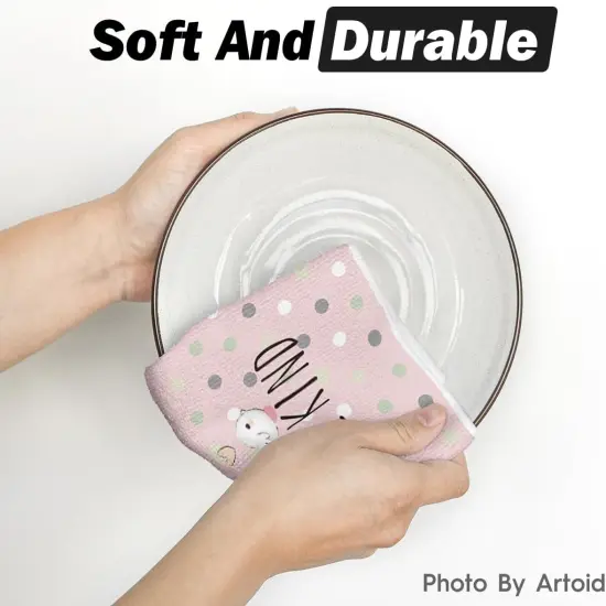 Pink Bunny Rabbit Ears Floral Leaves Easter Kitchen Towels Dish Towels, 18x26 Inch Be Kind Seasonal Decoration Hand Towels Set of 4 {5}