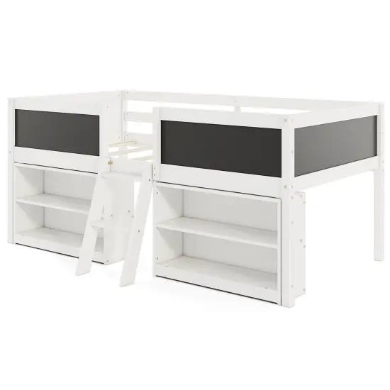 Twin Loft Bed with Chalkboards, Bookcases, Storage Shelf, Guardrails, and Sturdy Wood Construction White {1}
