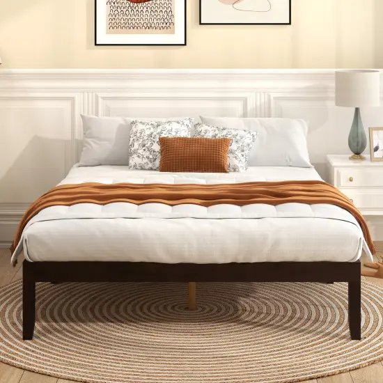Queen Size Platform Bed Frame with Slats Support and Rubber Wood Legs Espresso {5}