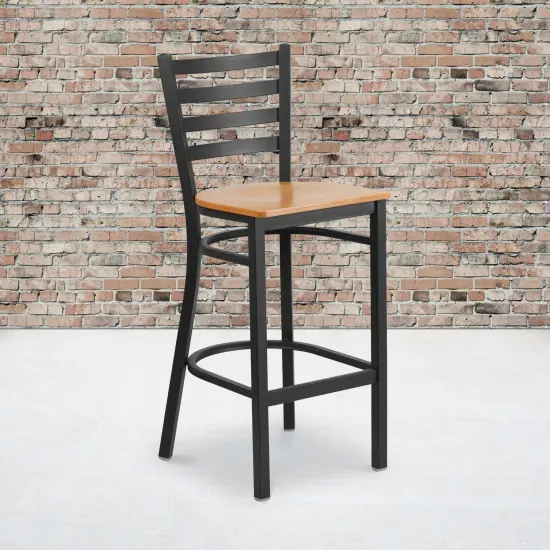 Emma and Oliver 2 Pack Ladder Back Metal Restaurant Barstool NaturalWood/Black {1}