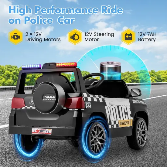 12V Electric Kids Ride-On Police Car with Remote, Siren, and Flashing Lights Black {2}