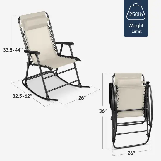 Best Choice Products Folding Outdoor Zero Gravity Rocking Lounge Chair w/ Headrest Pillow Ivory {2}