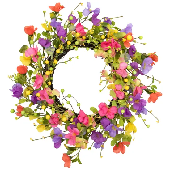 Northlight Wild Flowers and Berries Artificial Spring Twig Wreath - Multi-Color - 20" Pink {3}