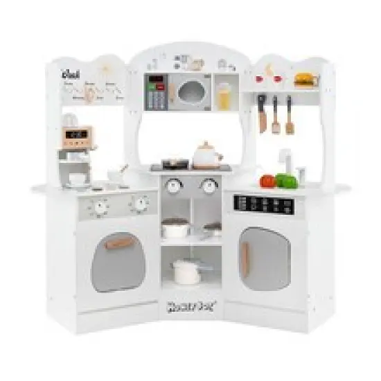 Wooden Corner Play Kitchen with Coffee Machine, Slide, and Storage for Kids Pink {9}