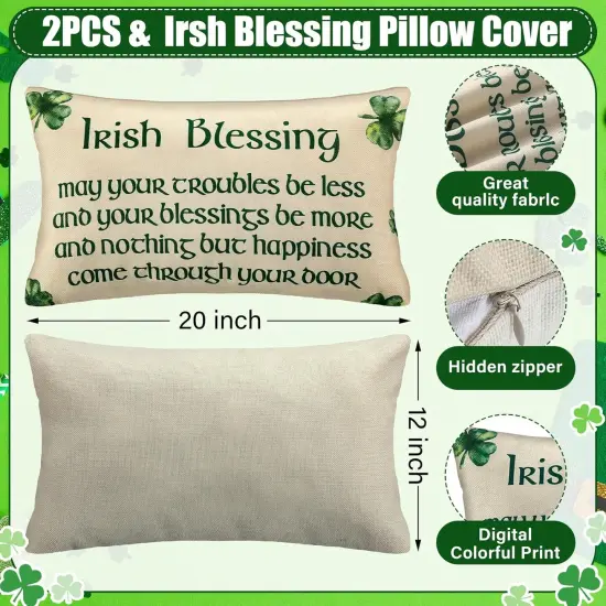 2 Pcs St. Patrick's Day Irish Blessing Pillow Covers Green Clover Quote Decorative Throw Pillow Cover Case Linen {2}