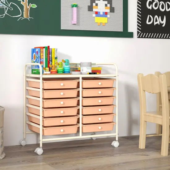 12 Removable Drawers Rolling Storage Cart with 4 Universal Wheels and Metal Frame Peach {6}