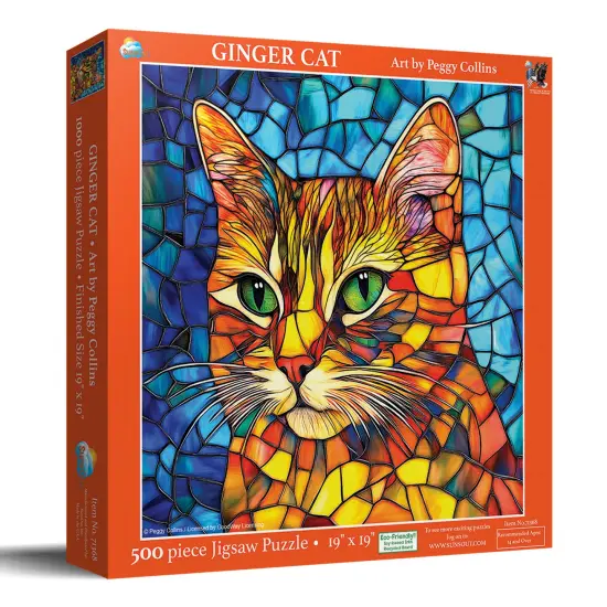 Sunsout Stained Glass Ginger Cat 500 pc Jigsaw Puzzle 71368 {3}