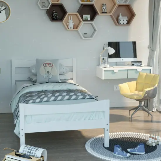 Pine Wood Twin Platform Bed with Headboard Footboard Under-bed Storage and Sturdy Slat Support White {2}