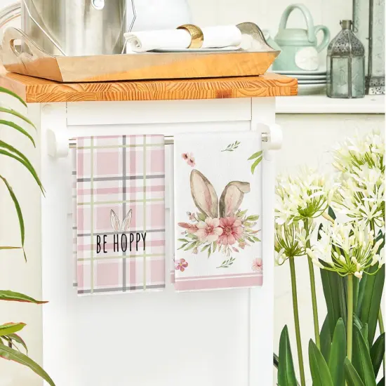 Pink Bunny Rabbit Ears Floral Leaves Easter Kitchen Towels Dish Towels, 18x26 Inch Be Kind Seasonal Decoration Hand Towels Set of 4 {4}