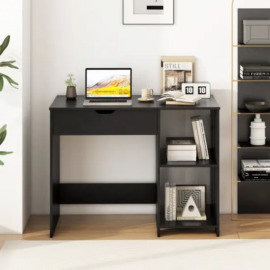 Black Space Saving Computer Desk with Hidden Compartment and Open Storage Shelves {2}