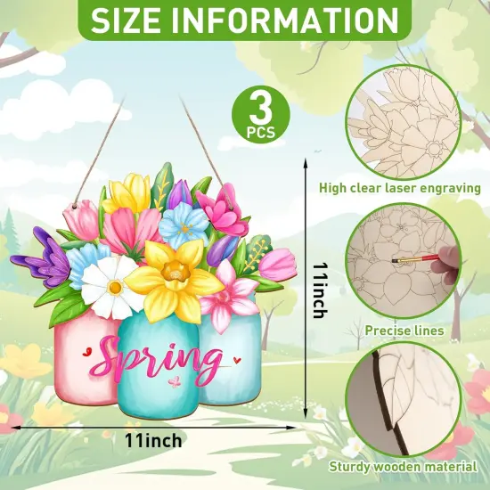 Paintable Spring Ornaments 3 Sets, Wooden Spring Ornaments to Paint, Unfinished Spring Flowers Wreaths Wood Crafts for Painting, Wood Cutouts DIY Ornaments for Kids Adults Door Decor (Spring {5}