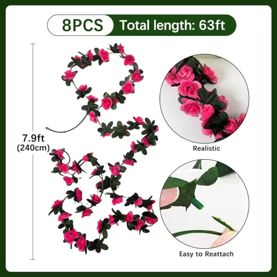 8Pcs 63Ft Fuchsia Rose Garland, Fake Flower Vines, Artificial Vine Flowers, Rose Hanging Garland for Party Wedding, Garden, Room Table, Christmas, Backdrop Wall Arch Decor {3}