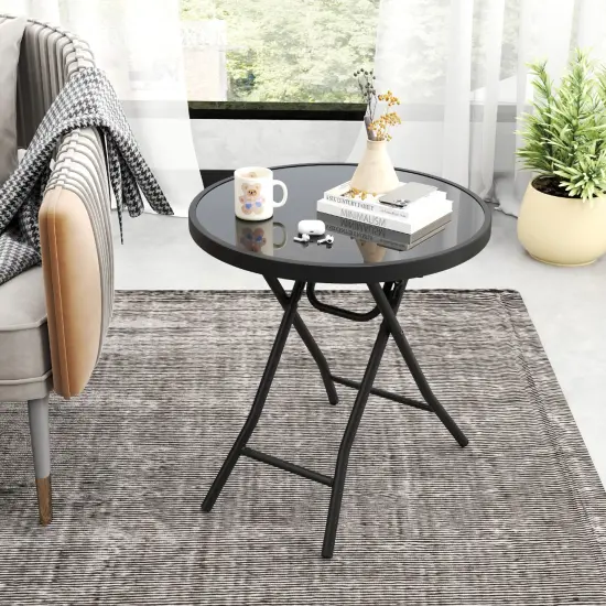 Black Metal Folding Side Table 18 Inch Round Compact Patio Coffee Table with Easy Storage {2}