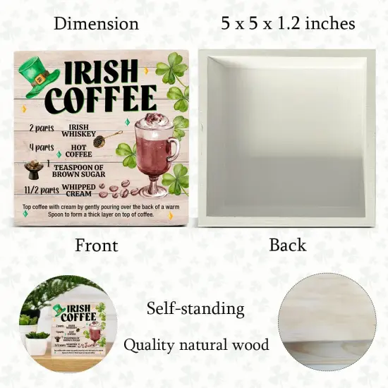 St. Patricks Day Decor, Rustic Irish Coffee Wood Block Sign St Patricks Day Decorations Home Kitchen Tabletop Shelf Desk Decor, 5 X 5 Inches {2}