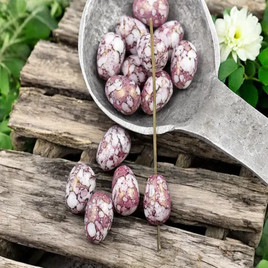 *20* 10x8mm Pink Picasso Luster Washed Alabaster Pear Drop Beads {1}