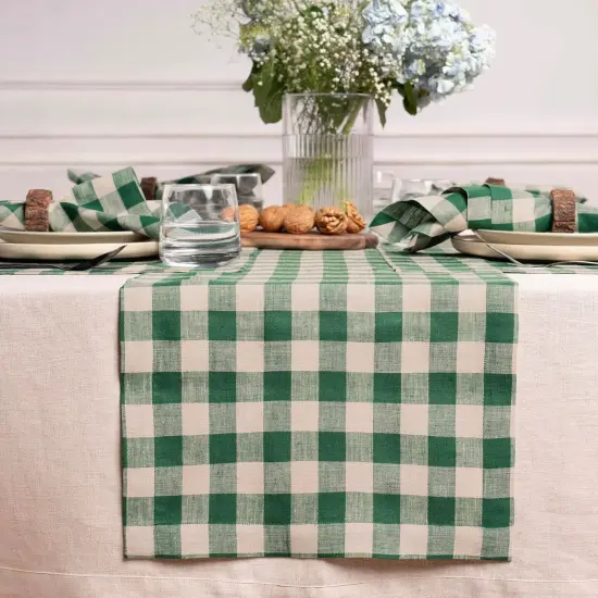 Checkered Linen Table Runner 60 inch - 100% Pure Linen Green and Natural Plaid Table Runner 14 x 60 Inch Ideal for Dresser and Coffee Tables - Morgan Check {1}