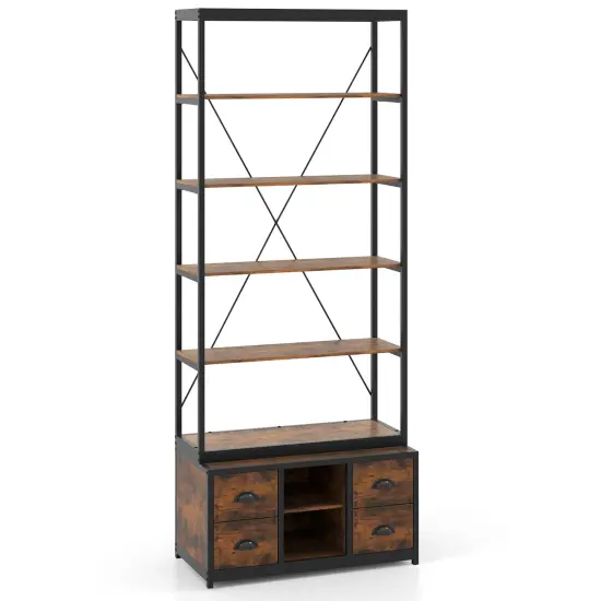 Rustic Brown 8-tier Bookshelf with 4 Fabric Drawers and Heavy-Duty Metal Frame {1}