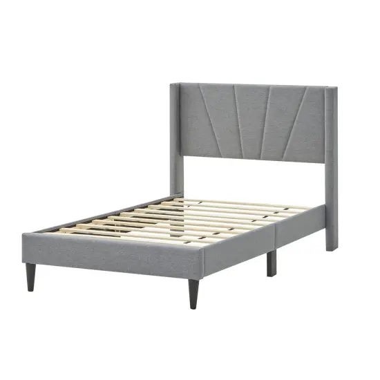 Platform Bed Frame with Linen Upholstered Wing-back Headboard and Solid Wood Legs {1}