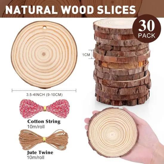 30 Pack Nature Wood Slices for Crafts,3.5-4In Unfinished Natural Wood Rounds.Wood Circles Predrilled with Hole and 20m Rope for Wooden Craft Supplies,Painting,Christmas Ornaments,DIY Gifts {5}