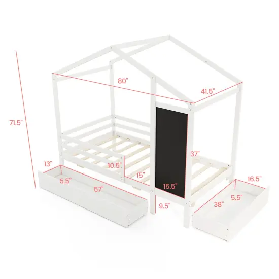 Wooden Twin House Bed with Storage Drawers Blackboard and Guardrails for Kids White {5}