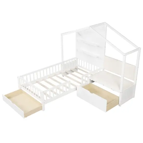 Twin Size House Bed Kids Platform Bed with Padded Bench-White {1}