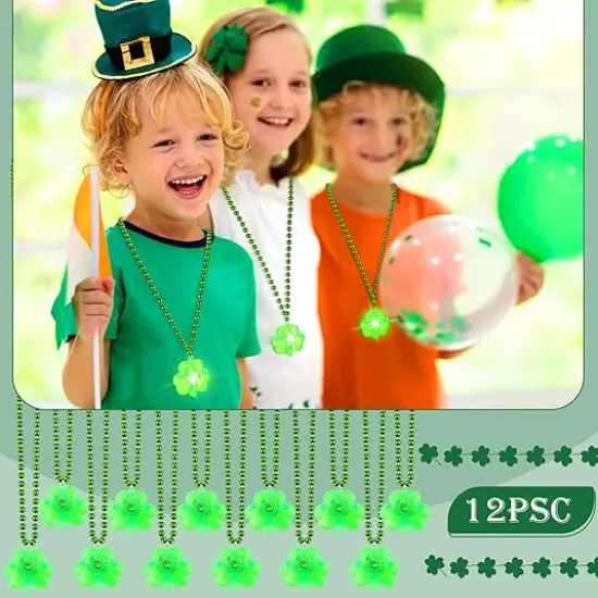St. Patrick's Day Accessories Green Light up Shamrocks Necklaces St Patrick Day Beads Led Green Shamrock Necklace Irish Metallic for Irish St. Patrick Party Dressing up Costume Supplies {2}