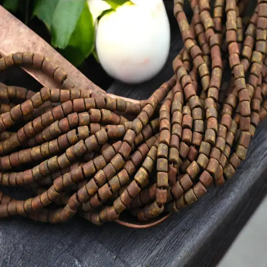 6/0 Aged Matte Dark Red Picasso Bugle Tube Seed Bead Mix (21" Strand) {1}